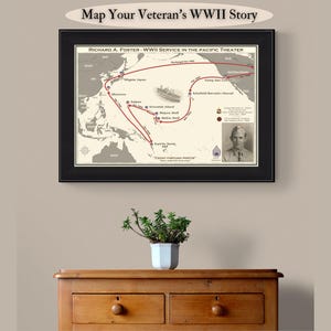 Custom WWII Veteran Service Map | Personalized Military Gift, Pacific or Europe Theater Heirloom, Family History Wall Art, Digital or Print