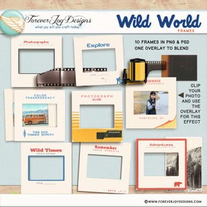 May include: A digital collection of 10 square photographic slide frames in PNG and PSD formats. The set includes various vintage-style borders with text like Photographs, Explore, and Adventures, plus a film roll graphic and an overlay effect.