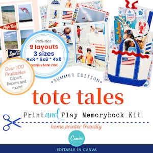 May include: A digital memory book kit titled Tote Tales Summer Edition, featuring 9 layouts in 8x8, 6x8, and 4x8 inch sizes. The kit includes over 100 printable clipart and paper elements, a bonus mini zine, and is fully editable in Canva.