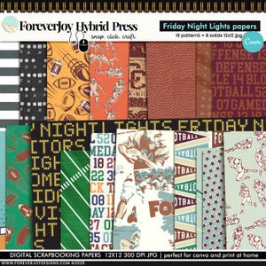 May include: A collection of digital scrapbooking papers with a football theme. The papers feature various patterns, including footballs, players, and text. The color palette includes shades of brown, orange, green, and blue. The text "Friday Night Lights papers" is visible.