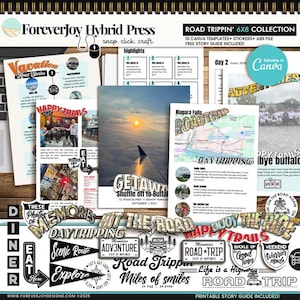 May include: A collection of travel-themed digital templates and stickers. The design includes various elements such as road trip graphics, travel photos, and text overlays like "Happy Trails" and "Road Trip". The color palette is a mix of beige, black, and white.