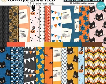 May include: A collection of digital papers with a Halloween theme. The papers feature patterns of black cats, spiders, pumpkins, and October calendars. The color palette includes orange, black, white, and blue. The papers are 12x12 inches and 300 dpi.