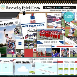 May include: A collection of customizable Canva templates for football, featuring a variety of layouts with red, white, and blue accents. Includes space for photos, team names, and the year 2025. Text includes "ForeverJoy Hybrid Press" and "Gameday 8.5x11 Templates".
