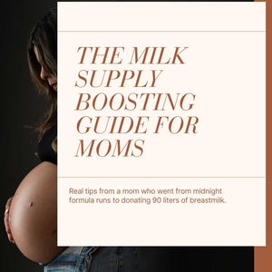 以下が含まれることがあります： 茶色のテキストで「THE MILK SUPPLY BOOSTING GUIDE FOR MOMS」というタイトルの本の表紙。画像には、お腹の見える妊婦が写っています。下のテキストには「Real tips from a mom who went from midnight formula runs to donating 90 liters of breastmilk.」と書かれています。