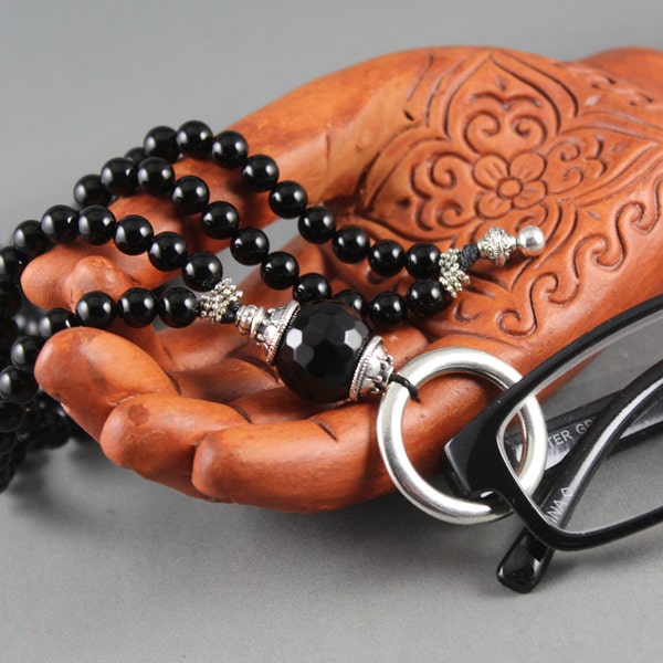 Black Onyx Mala Style Eyeglass Holder, Eyeglass Necklace, Eyeglass Loop, Eyeglass Lanyard, Eyeglass Chain, Glasses Chain, Yoga Jewelry Gift