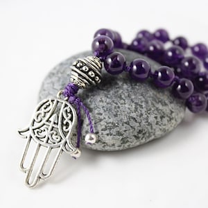 Amethyst Healing Hand Pocket Mala, Travel Mala 27 Beads, Worry Beads, Yoga Gift, Mini Mala, Amethyst Knotted Mala Beads