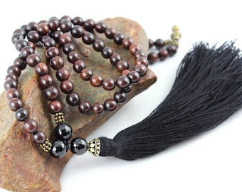 Black Tourmaline and Rosewood Mala Beads, Wood Bead Tassel Necklace, Gemstone Mala 108, Mens Mala, Meditation Beads, Prayer Beads, Yoga Gift