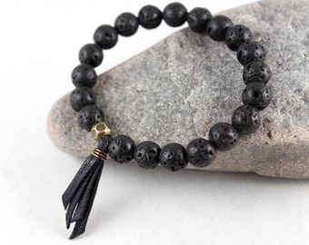 SALE! Mens Bracelet, Black Lava Bracelet, Tassel Bracelet, Gemstone Bracelet, Mens Stretch Bracelet, Mala Bracelet, Mens Gemstone Bracelet