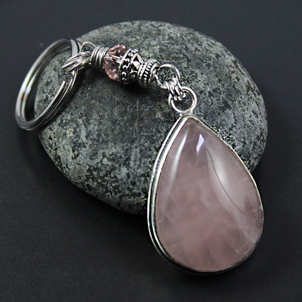 Rose Quartz Gem Keyring or Necklace, Pocket Fidget, New Car Gift, New Driver, Commuter Gift, Tactile Pocket Stone, Anti Stress Worry Stone