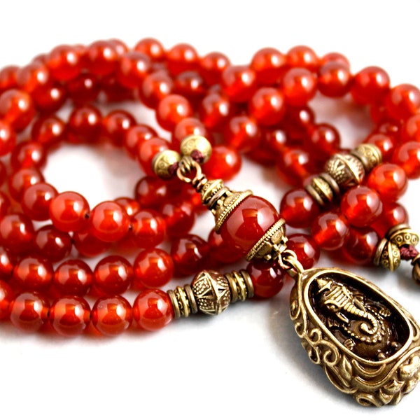 Ganesh Red Carnelian Mala 108, Elephant Mala, Yoga Beads, Elephant Totem Necklace, Fertility Symbol, Japa Mala Beads, Long Red Necklace