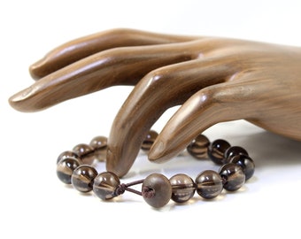 Smokey Quartz Stretch Bracelet, Knotted Stretch Bracelet, Mens Mala Bracelet, Stone and Wood Bracelet, Special Gift for Him, Mens Yoga Gift