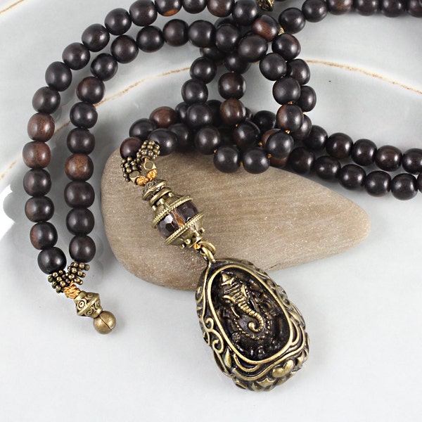 Ganesh Mala Necklace, Choose Bead Size, Ebony Wood Mala, Gemstone Mala, Prayer Beads, 108 Mala Beads, Ganesh, Yoga Style, Elephant Necklace