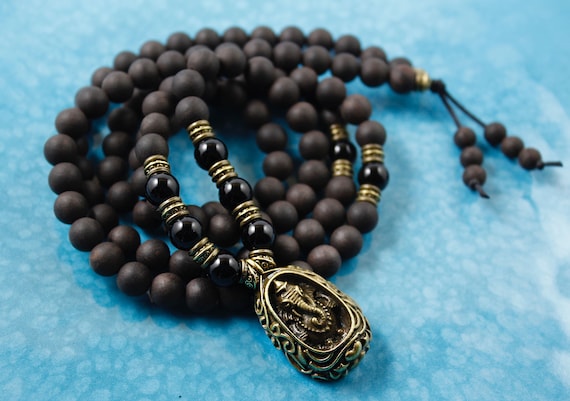 Protection Ganesh Mala Necklace, Black Onyx Mala, Prayer Beads, 108 Mala Beads, Mens Ganesh Necklace, Yoga Style Necklace, Elephant Necklace