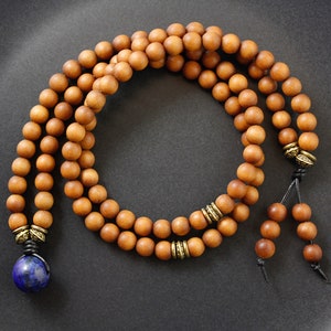 Lapis Mala Necklace with 108 Sandalwood Beads, Rustic Mala Necklace 108, Worry Beads Necklace, Mens Sandalwood Mala, Lapis Lazuli Necklace
