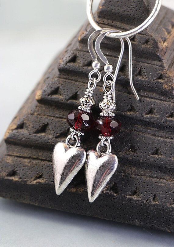 Silver Heart Earrings, Sterling Silver Ear hooks, Red Dangle Earrings with Silver Hearts, Garnet Red Dangle Earrings, Red Crystal Earrings