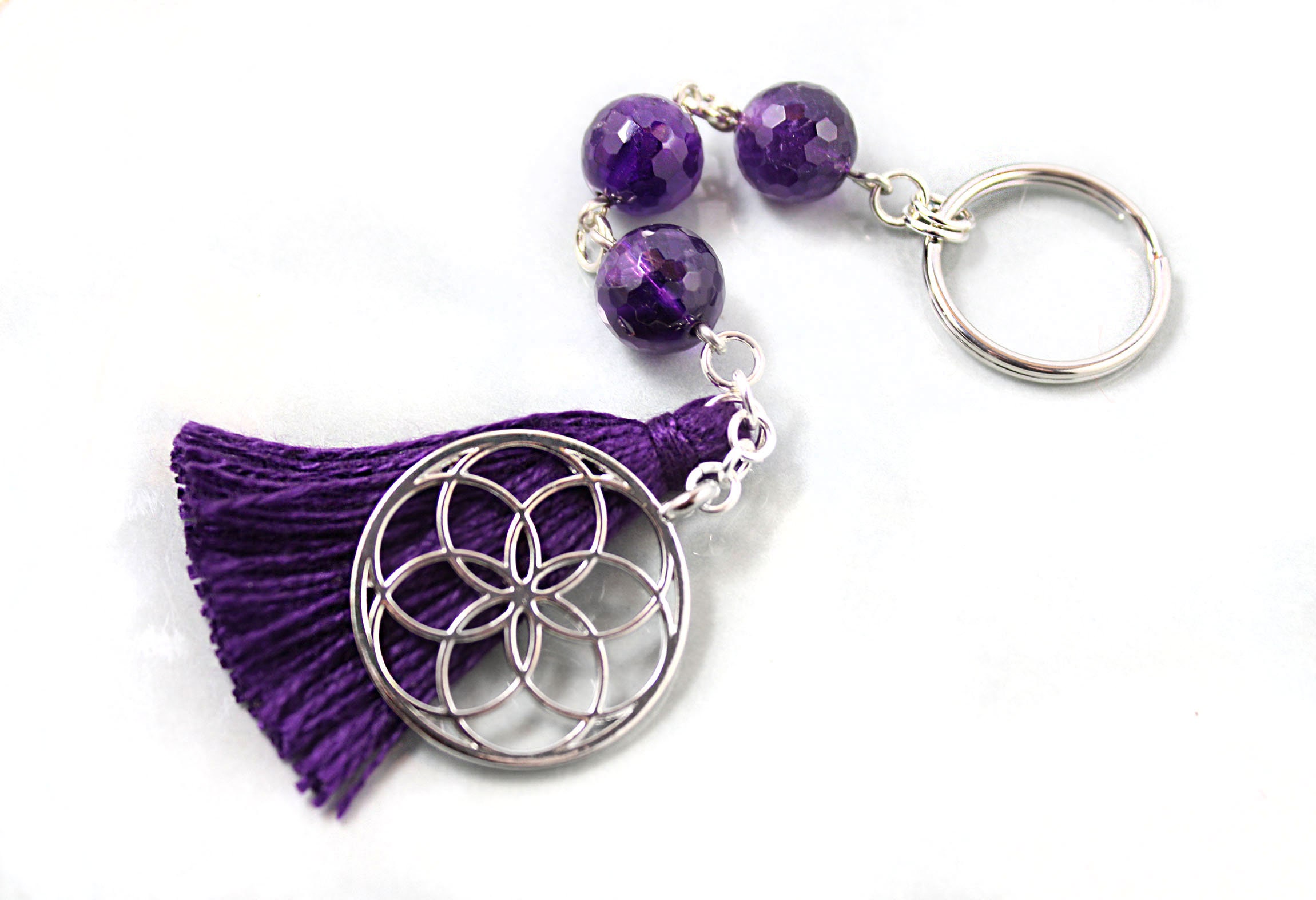 Bag Charm Key Ring Flower of Life With Amethyst Beads and 