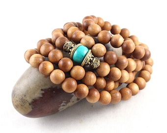 108 Sandalwood Stretch Mala  Bracelet, Yoga Mala Necklace, Stretch Wrist Mala,  Sandalwood Mala Beads, Turquoise Stretch Mala Necklace 108