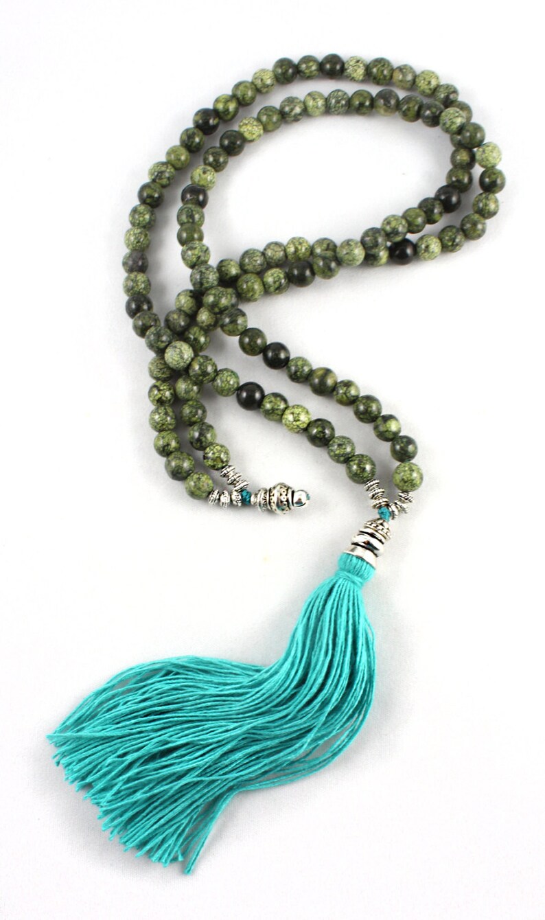 Green Serpentine Stone Mala Beads Yoga Jewelry Women Tassel Etsy