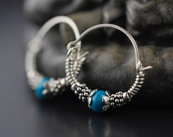 Classic Hoop Earrings with Assorted Gemstones, Turquoise Sterling Silver Hoop Earrings, Gemstone Hoops, Turquoise Jewelry, Silver Hoops