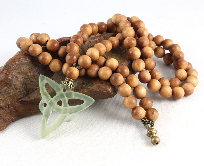 Sandalwood Mala Bead Necklace 108 Beads With Jade Celtic Knot Etsy