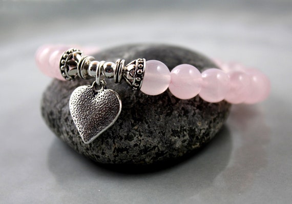 Rose Quartz Bracelet, Heart Charm Bracelet, Stretch Bracelet, Pink Stone Bracelet, Rose Quartz Mala, Yoga Style, Mala Bracelet, Yoga Gift