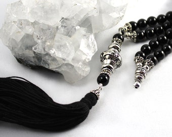 Black Mala Beads, Black Necklace, Mala Necklace, Mala Beads, 108 Mala Beads, Long Tassel Necklace, Tassel Mala Beads, Black Mala, Yoga