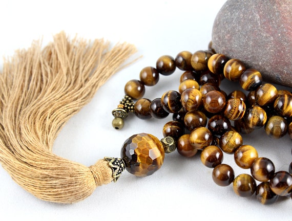 Tiger Eye Prayer Beads | Tiger Eye Mala | Tiger Eye Tassel Necklace