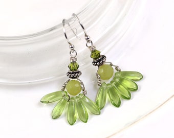 Sterling Silver Olive Jade Earrings, Egyptian Lotus Style Earrings, Green Stone Earrings, Lotus Earrings, Yoga Style Jewelry, Flower Earring