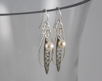 Pearl Hoop Earrings, Sterling Silver,  Gemstone Earrings, Silver Earrings, Feather Earrings, Pearl Earrings, Yoga Style, Hoop Earrings