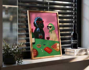 Skurril Hund Wein Kunstdruck | Lustiger Hund Wandkunst | Mid Century Modern Bar Dekor | Retro Esszimmer Poster | Digitaler Download
