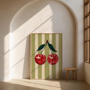 Retro Cherry Wall Art Printable | Striped Cherry Kitchen Poster | Coquette Kitchen Decor | Vintage Fruit Wall Art | Digital Download