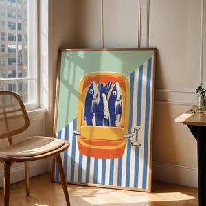 Póster vintage de sardinas: arte mural para cocina costera, ilustración de peces náuticos, lámina decorativa mediterránea, imprimible de mariscos retro