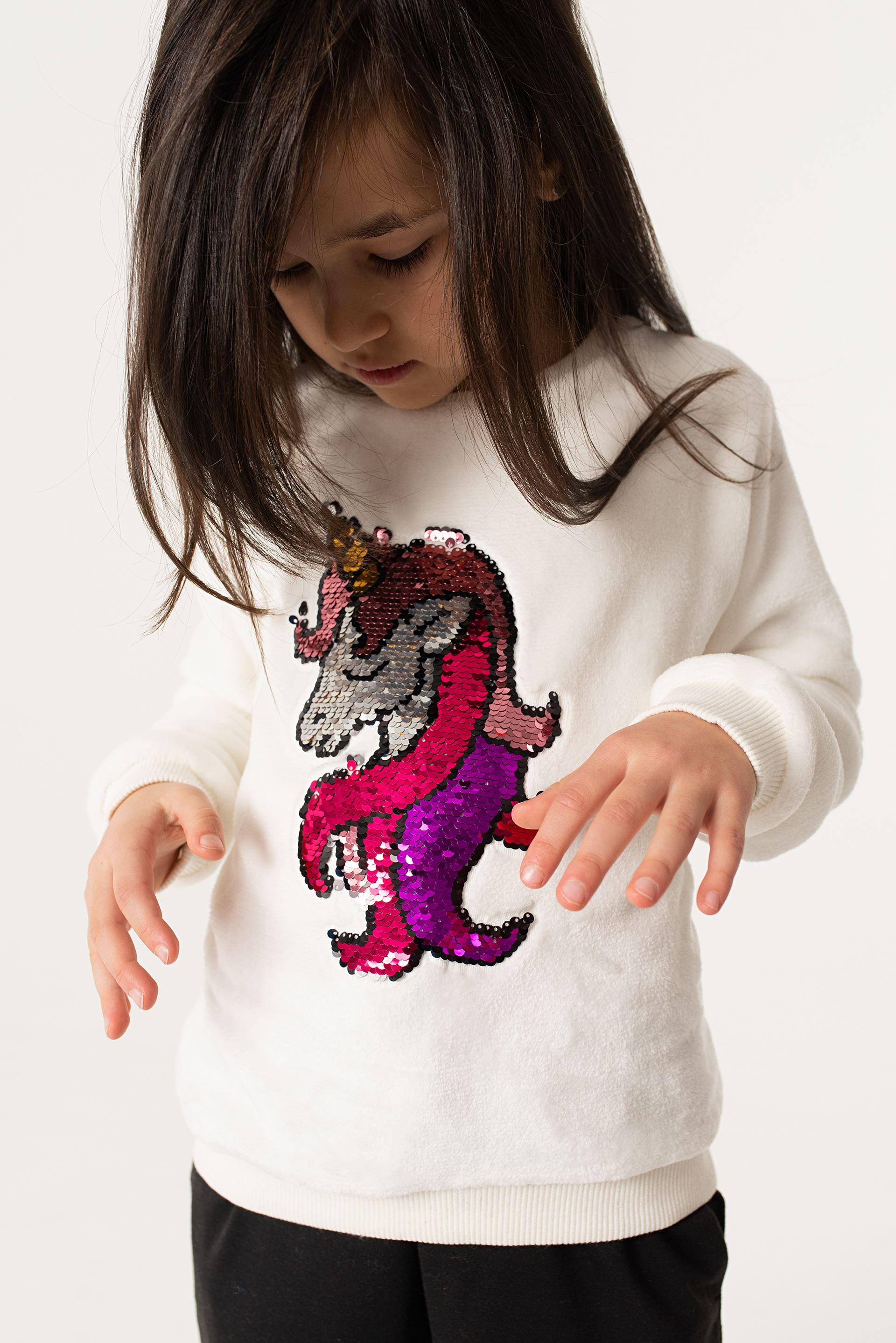 Girls White Unicorn Sweatshirt Reversible Sequin Fleece Pullover