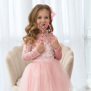 Girls Pink Velour Top and Tulle Skirt Set | Long Sleeve Holiday Outfit | Toddler to Tween Sizes