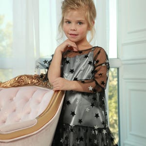 Silver Star Party Dress for Girls | Elegant Tulle Dress with Stars