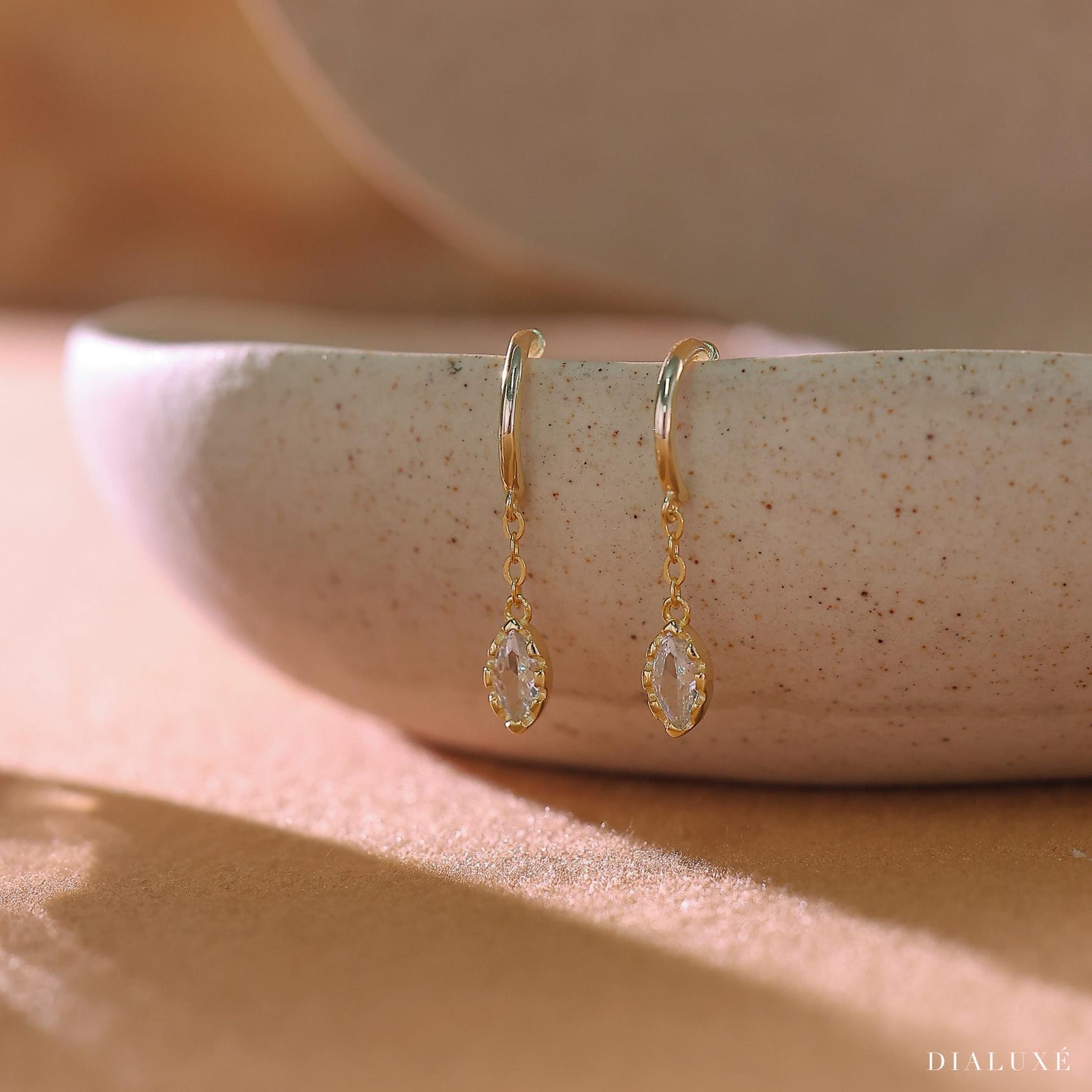 Gold Marquise Diamond Drop Earrings, Sterling Silver Dangle Earrings, Minimalist Huggie Earrings, Everyday Stud Earrings, Gift for Her - Gold