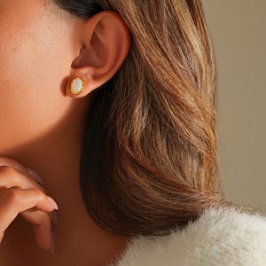 14k Gold Opal Stud Earrings, Dainty White Opal Earrings in Sterling Silver, Oval Opal Ear Studs, Gold or Silver Earrings, Gift for Her