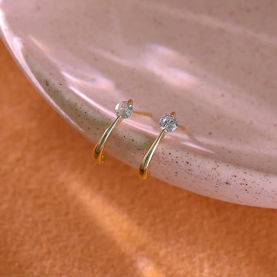 Tiny CZ Diamond Huggie Hoop Earrings – Gold or Silver, Dainty Half Open Hoops, Small Stud Earrings, Minimalist Gift for Her