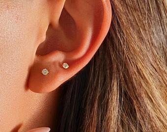 Dainty 3mm CZ Diamond Stud Earrings: 14k Gold Plated Sterling Silver