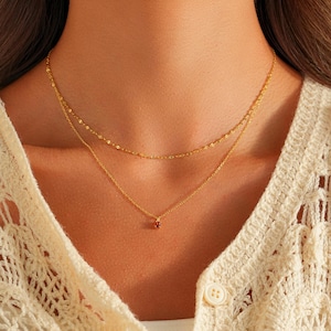 Dainty Ruby Double Layer Chain Necklace, Tiny Ruby Pendant, July Birthstone Jewelry, Minimalist Gemstone Gold Necklace, Gift for Her