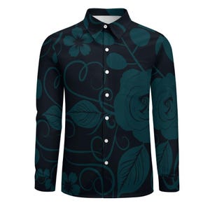 Mens Navy &#39;Blue and Teal Floral Design&#39; Long Sleeved Dress Shirt, Business Shirt, Outing Shirt, w pocket