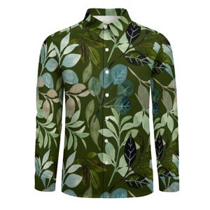 Mens Long &#39;Green Floral Mix Design&#39; Sleeved Dress Shirt, Business Shirt, Outing Shirt, w pocket