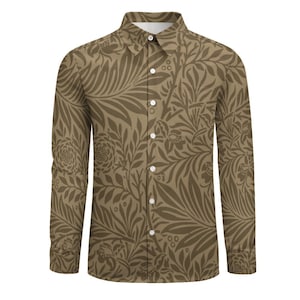 Mens Long &#39;Tan and Brown Floral Design&#39; Sleeved Dress Shirt, Business Shirt, Outing Shirt, w pocket