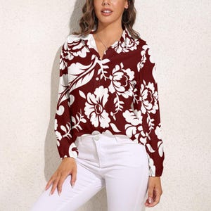 Womens Retro Maroon Long Sleeve Top, Floral top, Casual long sleeve shirt, Womens business shirt