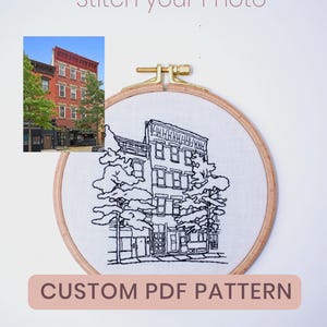 Può includere: Un telaio da ricamo con un disegno cucito in bianco e nero di un edificio e alberi. Il testo "Stitch your Photo" è sopra il telaio e "CUSTOM PDF PATTERN" sotto.