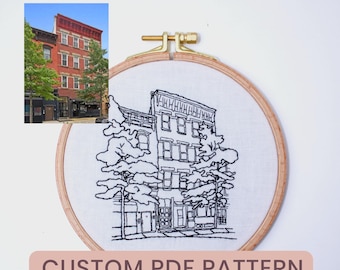 Aangepast huis portret borduurpatroon pdf - omtrek huis van foto, gepersonaliseerd housewarmingcadeau
