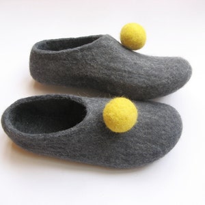 Felt Slippers with Pom Pom, Women slippers Grey Loafers, Mens slippers Unisex, Grey slippers Moccasins Men Felt slippers, Custom color Balls image 1