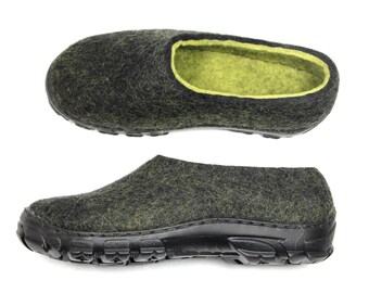 Warm wool moccasins women slippers with Arctic Grip sole for winter outdoor indoors, Unisex Black Green house shoes, Choose Your Colors
