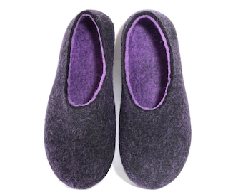 Sustainable living felted slippers Black Purple, Natural woolen socks like - Custom: wool colors + rubber soles for home an out