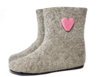 Virgin wool Heart felt bootie slipper - Pick fav colors - Custom rubber soles for Indoors and Out
